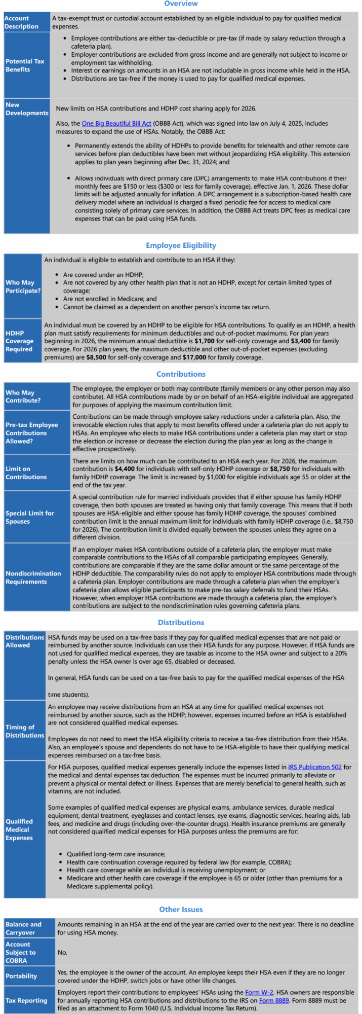 2026 HSA Key Features Chart