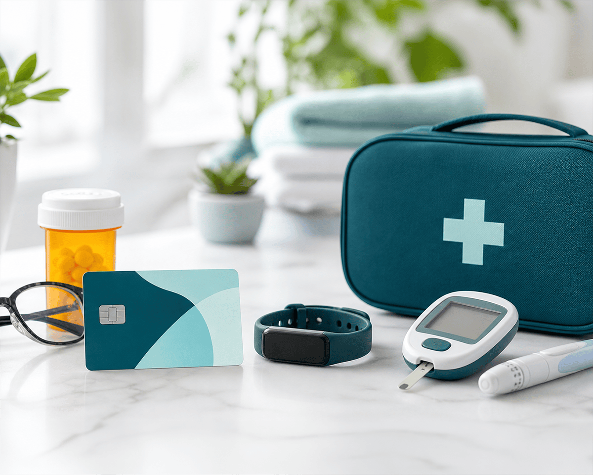 HSA payment card surrounded by eyeglasses, prescription medication, a fitness tracker, first-aid supplies and a blood glucose meter.