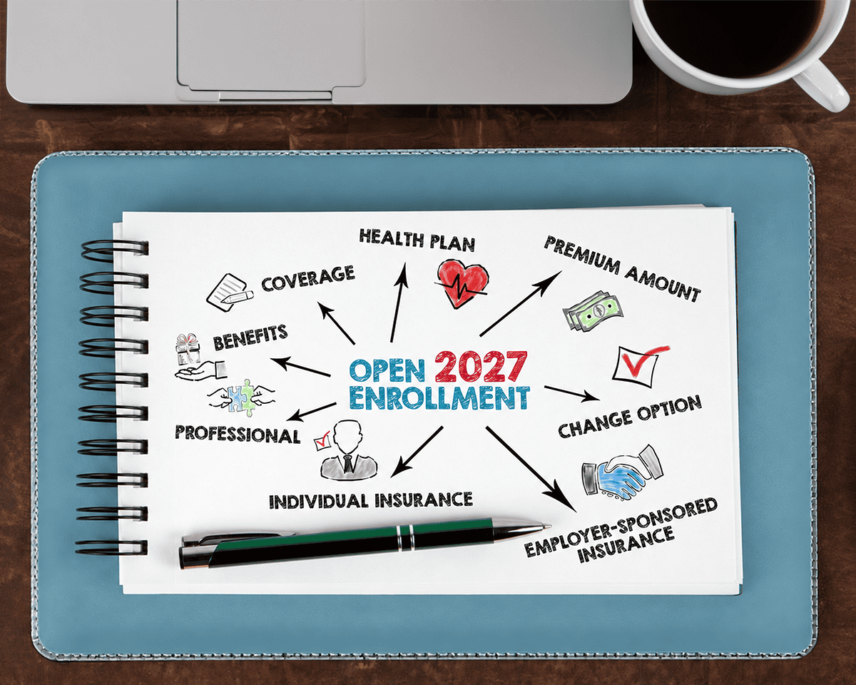 Open enrollment 2027 planning notes featuring health plan coverage, premiums, benefits and employer-sponsored insurance.