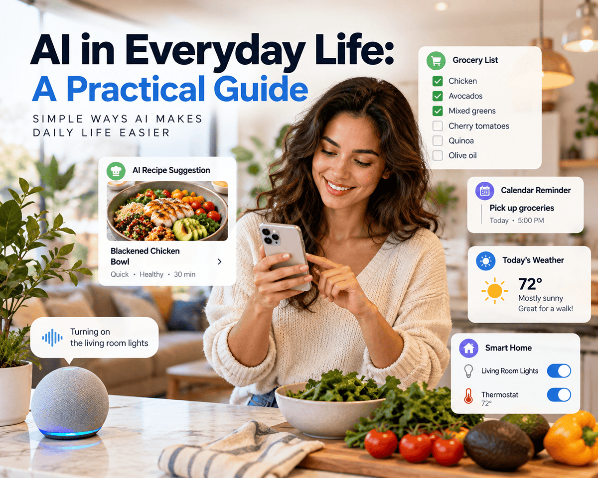 Woman using AI on her smartphone while preparing a meal at home, with digital displays illustrating everyday uses such as recipe suggestions, grocery lists, calendar reminders, weather updates and smart home controls.