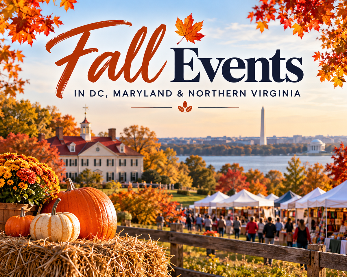 Autumn festival scene featuring pumpkins, colorful fall foliage, vendor tents and visitors, with Mount Vernon and Washington, D.C. landmarks in the background. Headline reads “Fall Events in DC, Maryland & Northern Virginia.”